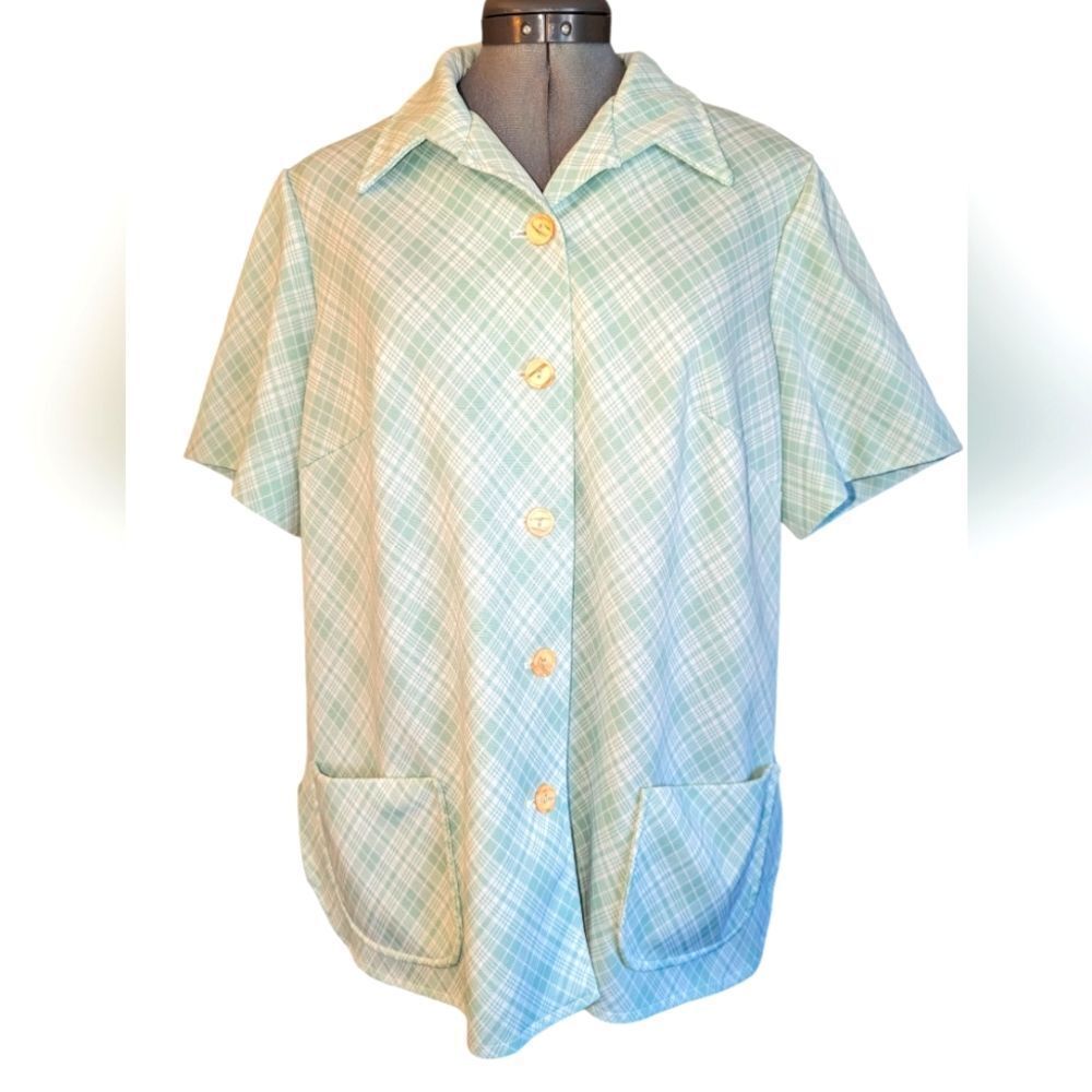 Vintage 60s pastel green and white checkered polyester top